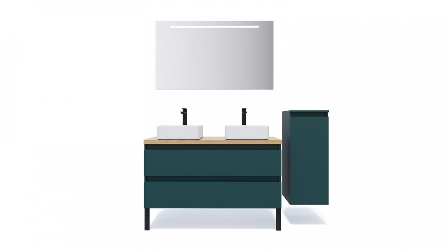 Meuble de salle de bain suspendu 2 vasques à poser 120cm 2 tiroirs Bleu + miroir + colonne ouverture droite - Rivage