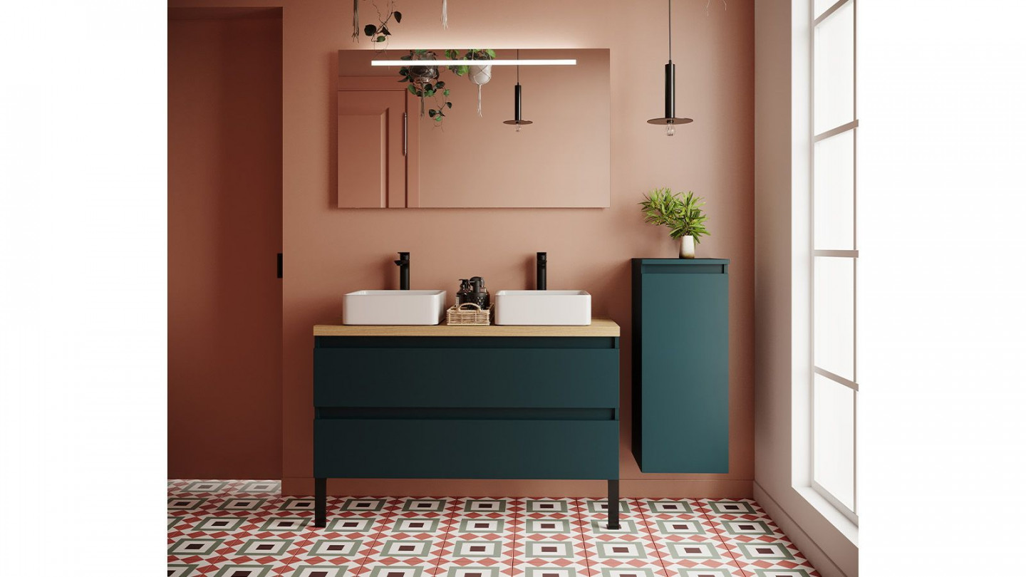 Meuble de salle de bain suspendu 2 vasques à poser 120cm 2 tiroirs Bleu + miroir + colonne ouverture droite - Rivage