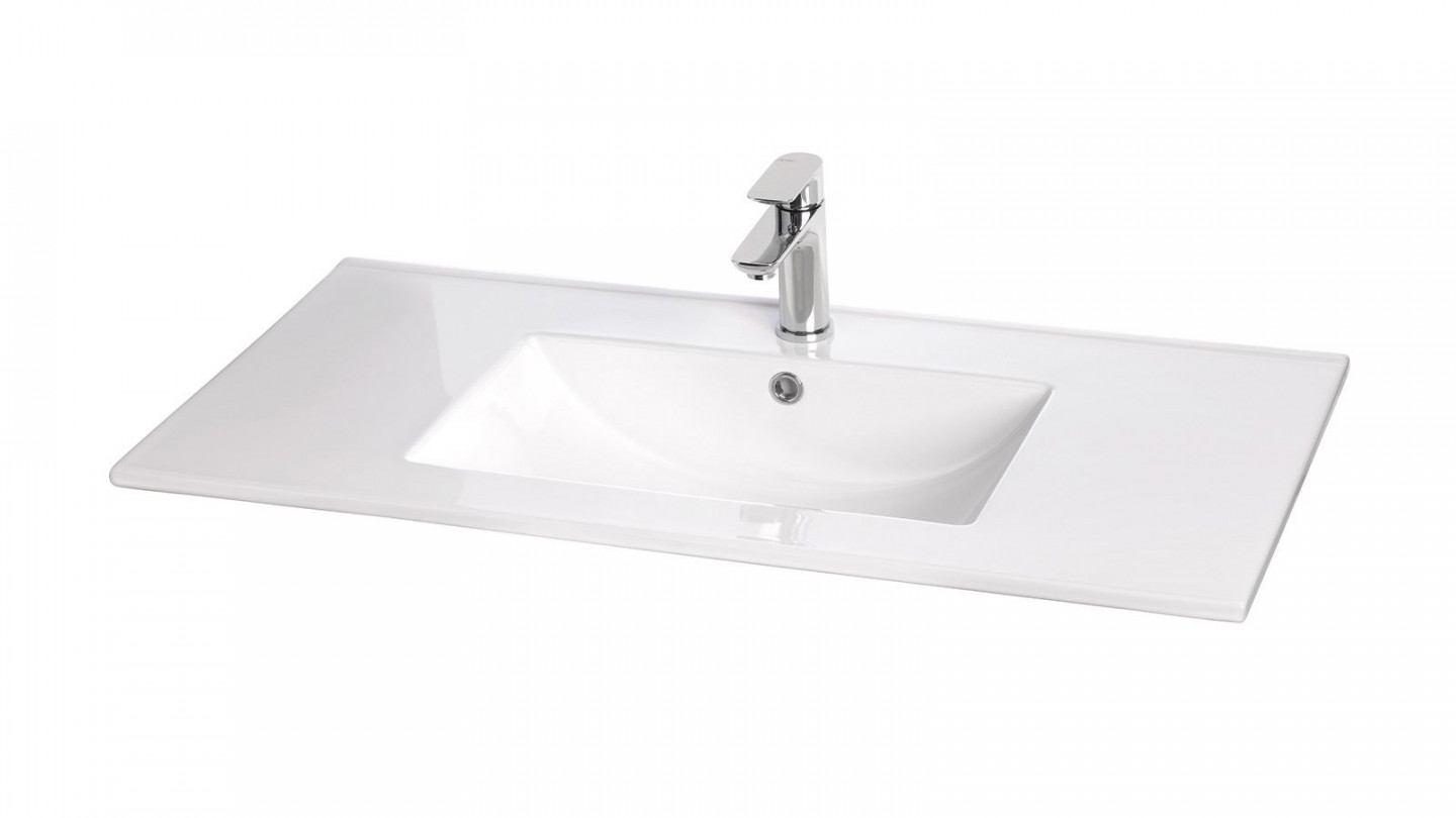 Meuble de salle de bain suspendu vasque intégrée 90cm 1 tiroir Abricot + miroir + colonne ouverture droite - Rivage