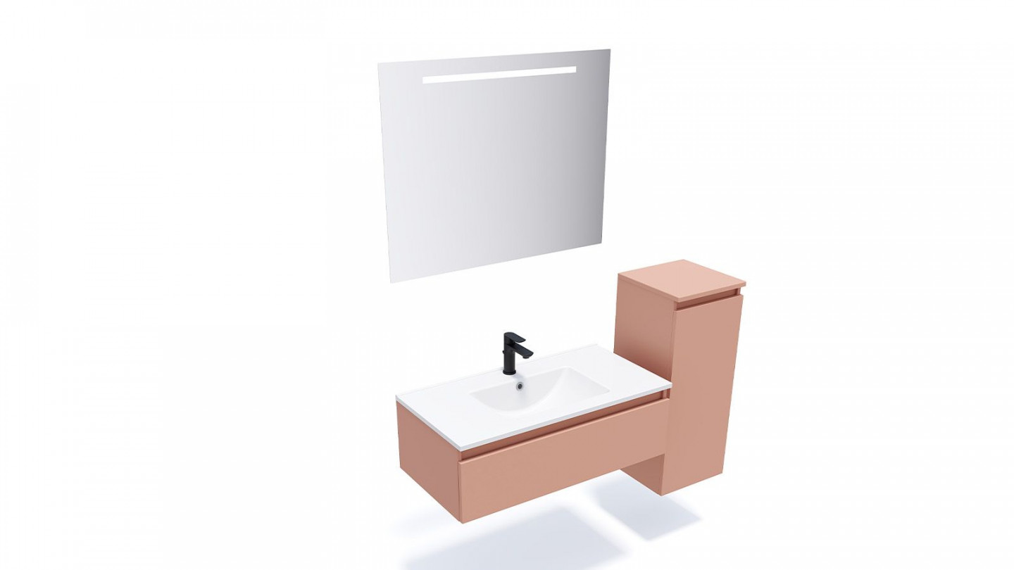 Meuble de salle de bain suspendu vasque intégrée 90cm 1 tiroir Abricot + miroir + colonne ouverture droite - Rivage