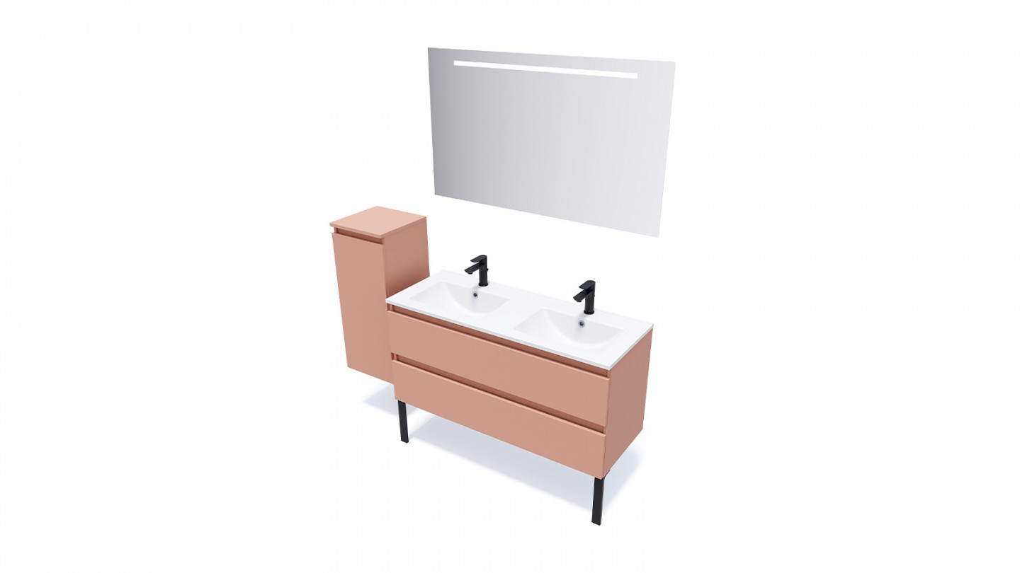 Meuble de salle de bain suspendu double vasque intégrée 120cm 2 tiroirs Abricot + miroir - Rivage