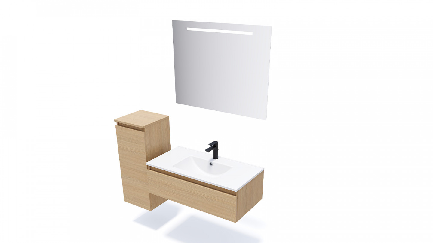 Meuble de salle de bain suspendu vasque intégrée 90cm 1 tiroir Chêne clair - Rivage