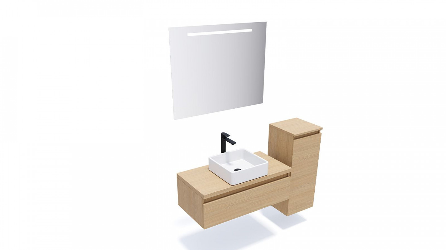 Meuble de salle de bain suspendu vasque à poser 90cm 1 tiroir Chêne clair + miroir + colonne ouverture droite - Rivage