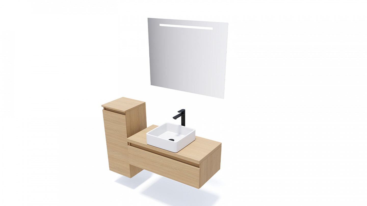 Meuble de salle de bain suspendu vasque à poser 90cm 1 tiroir Chêne clair + miroir + colonne ouverture gauche - Rivage
