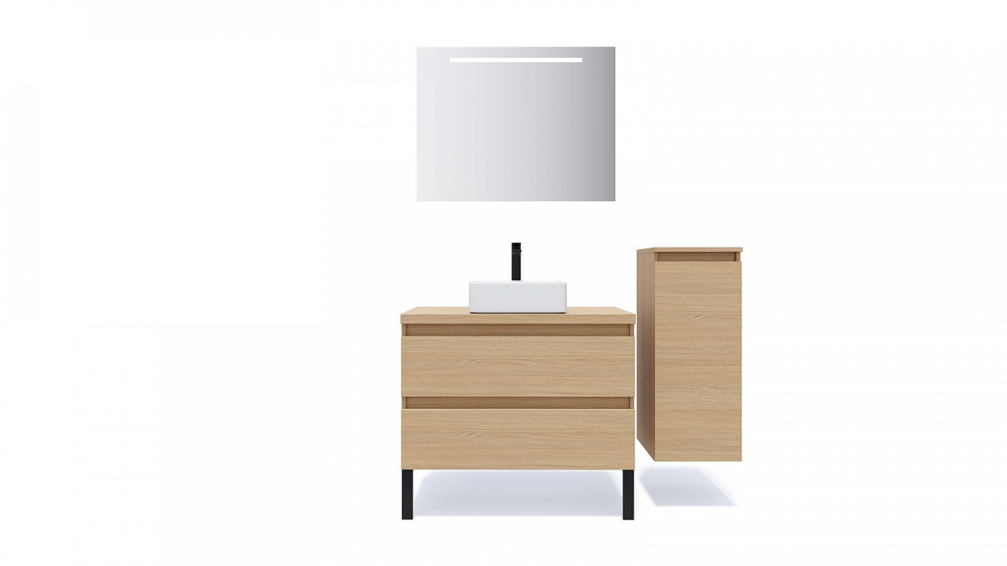 Meuble de salle de bain suspendu vasque à poser 90cm 2 tiroirs Chêne clair + miroir + colonne ouverture droite - Rivage