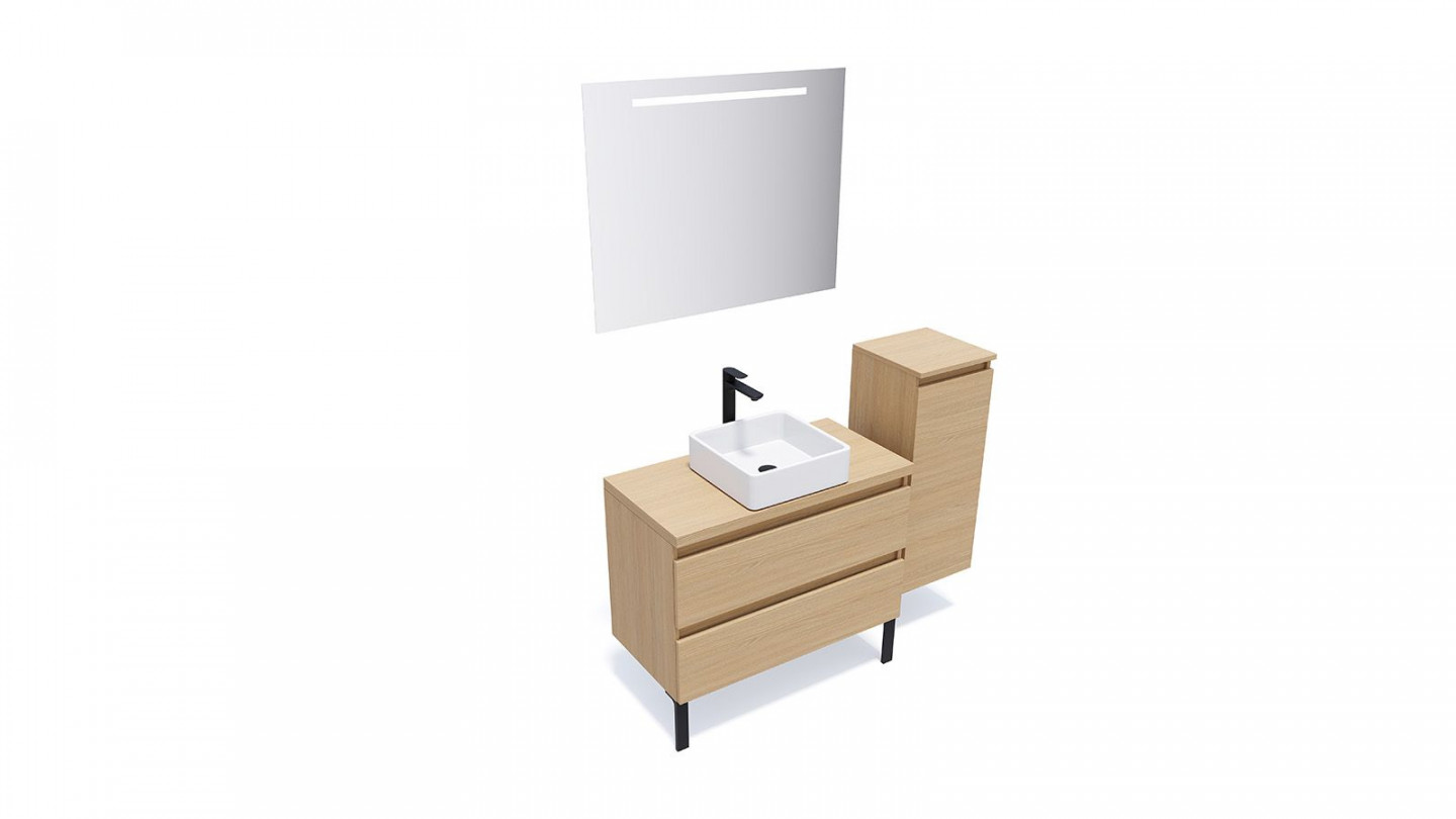 Meuble de salle de bain suspendu vasque à poser 90cm 2 tiroirs Chêne clair + miroir + colonne ouverture droite - Rivage