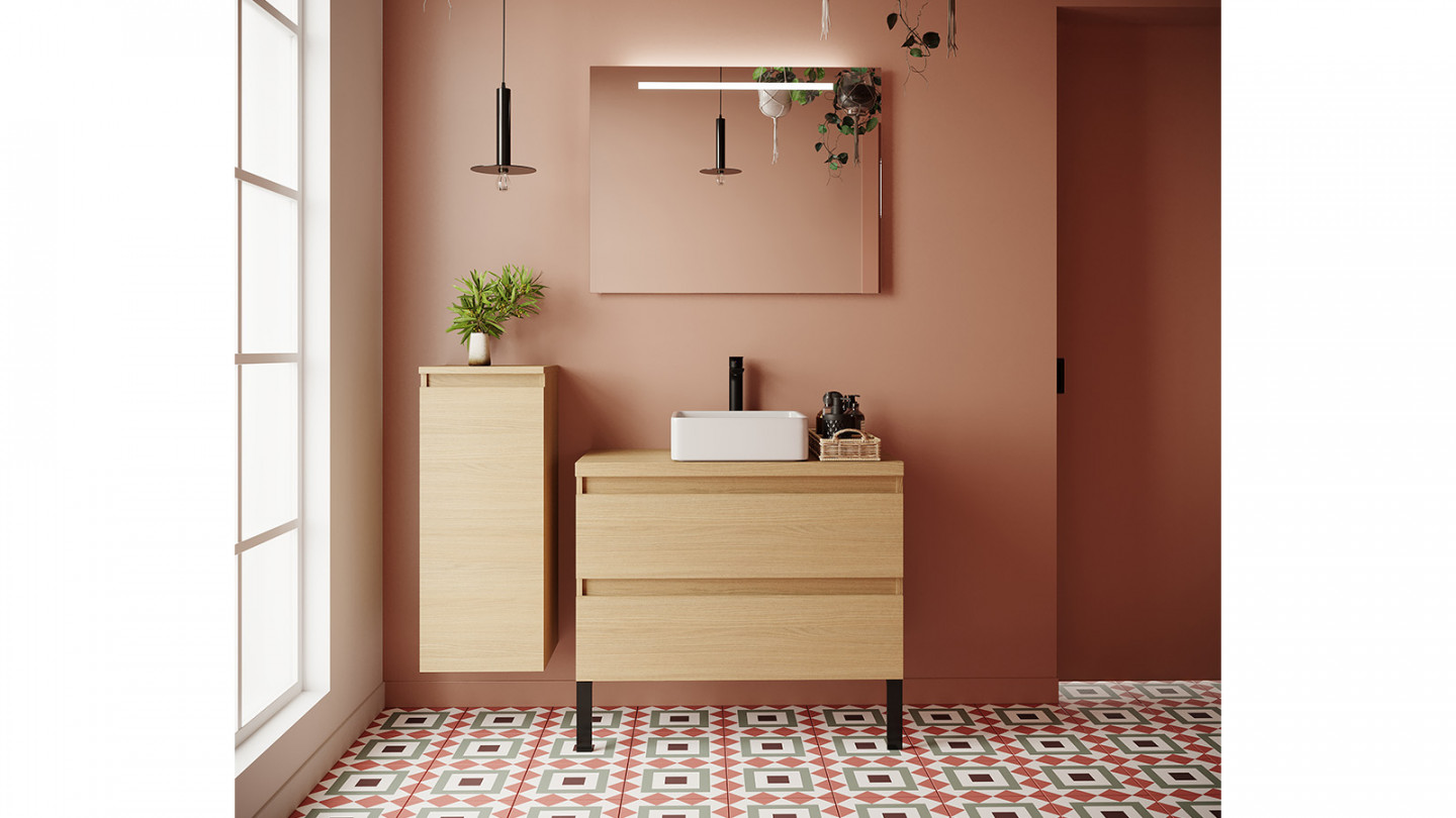 Meuble de salle de bain suspendu vasque à poser 90cm 2 tiroirs Chêne clair + miroir + colonne ouverture gauche - Rivage