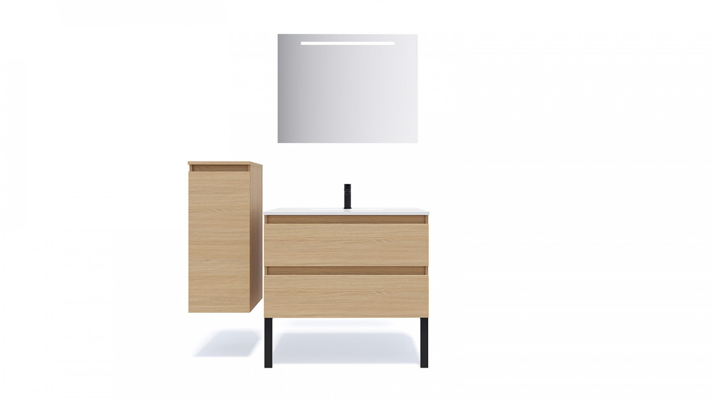 Meuble de salle de bain suspendu vasque intégrée 90cm 2 tiroirs Chêne clair + miroir + colonne ouverture gauche - Rivage