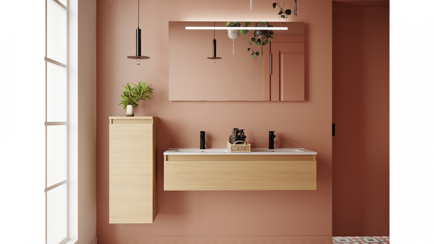 Meuble de salle de bain suspendu double vasque intégrée 120cm 1 tiroir Chêne clair + miroir + colonne ouverture gauche - Rivage