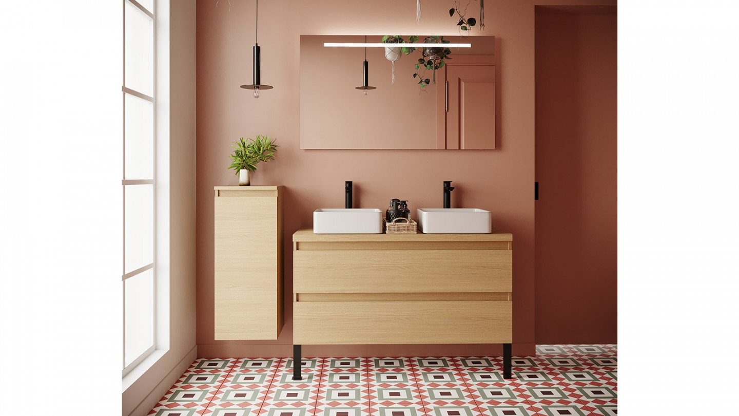 Meuble de salle de bain suspendu 2 vasques à poser 120cm 2 tiroirs Chêne clair + miroir - Rivage