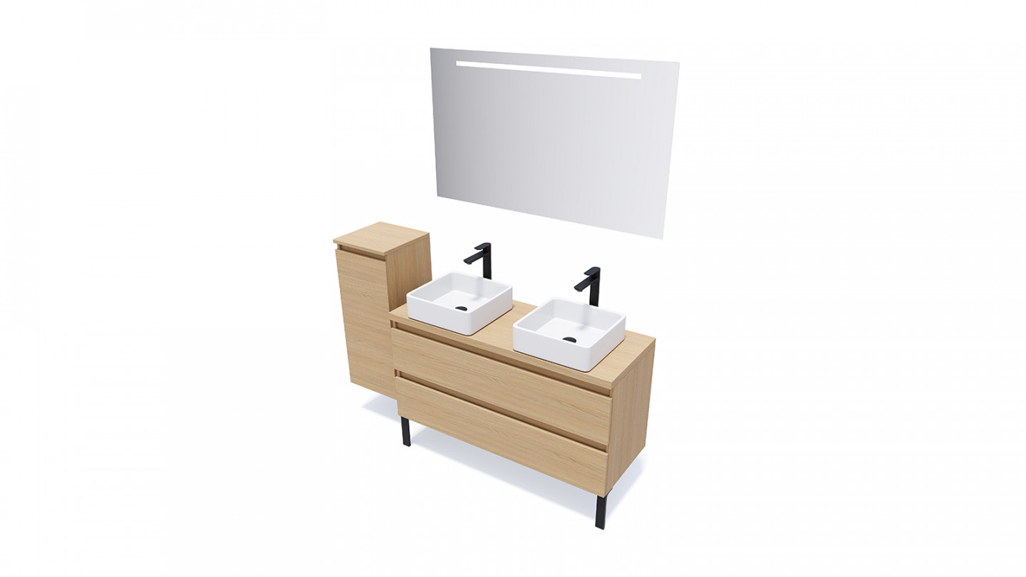 Meuble de salle de bain suspendu 2 vasques à poser 120cm 2 tiroirs Chêne clair + miroir + colonne ouverture gauche - Rivage