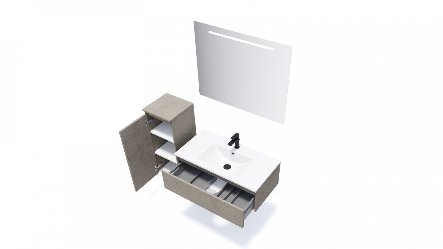 Meuble de salle de bain suspendu vasque intégrée 90cm 1 tiroir façon Béton + miroir - Rivage