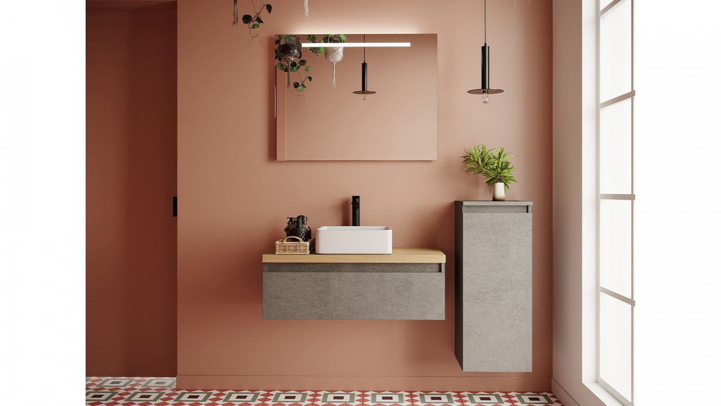 Meuble de salle de bain suspendu vasque à poser 90cm 1 tiroir façon Béton + miroir + colonne ouverture droite - Rivage