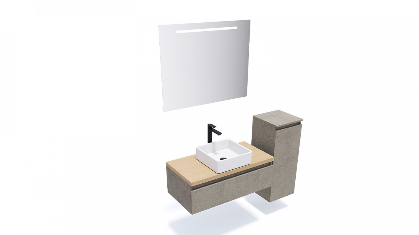 Meuble de salle de bain suspendu vasque à poser 90cm 1 tiroir façon Béton + miroir + colonne ouverture droite - Rivage