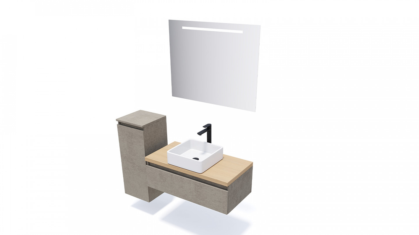 Meuble de salle de bain suspendu vasque à poser 90cm 1 tiroir façon Béton + miroir + colonne ouverture gauche - Rivage