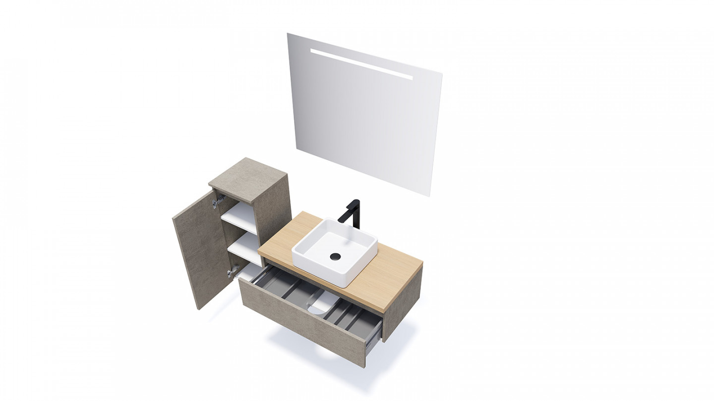 Meuble de salle de bain suspendu vasque à poser 90cm 1 tiroir façon Béton + miroir + colonne ouverture gauche - Rivage
