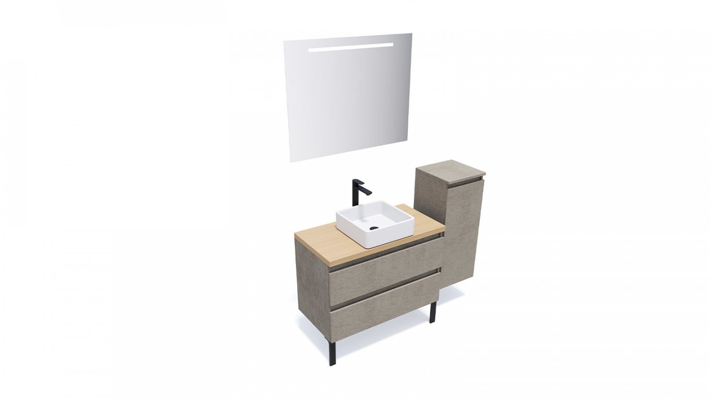 Meuble de salle de bain suspendu vasque à poser 90cm 2 tiroirs façon Béton + miroir + colonne ouverture droite - Rivage