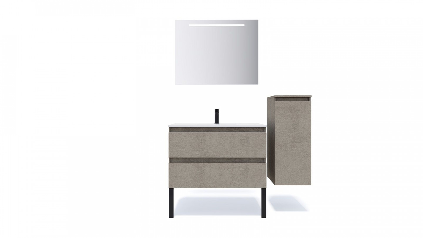 Meuble de salle de bain suspendu vasque intégrée 90cm 2 tiroirs façon Béton + miroir + colonne ouverture droite - Rivage