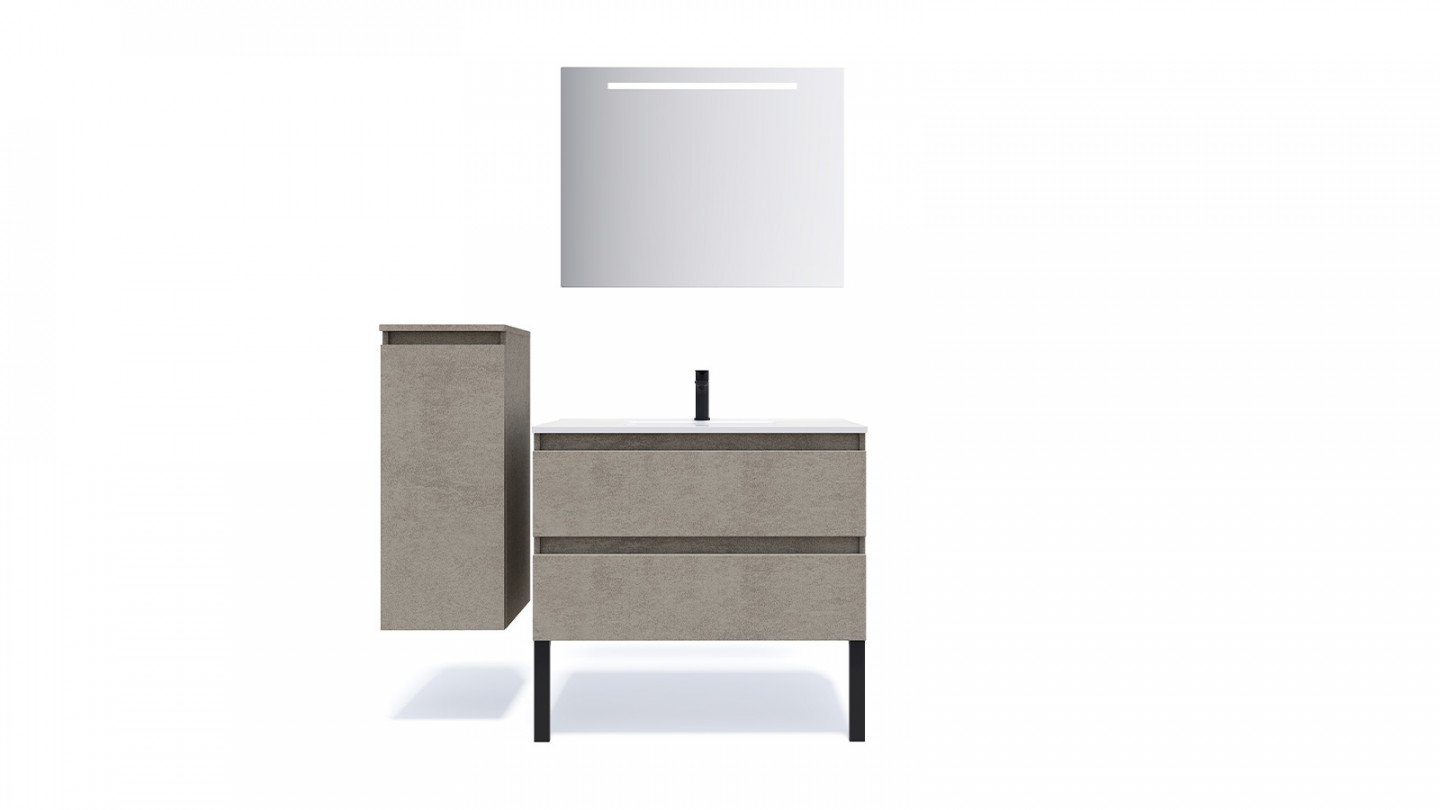 Meuble de salle de bain suspendu vasque intégrée 90cm 2 tiroirs façon Béton + miroir + colonne ouverture gauche - Rivage