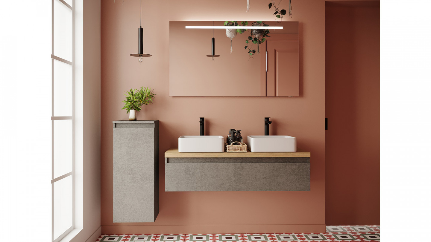 Meuble de salle de bain suspendu 2 vasques à poser 120cm 1 tiroir façon Béton + miroir + colonne ouverture gauche - Rivage