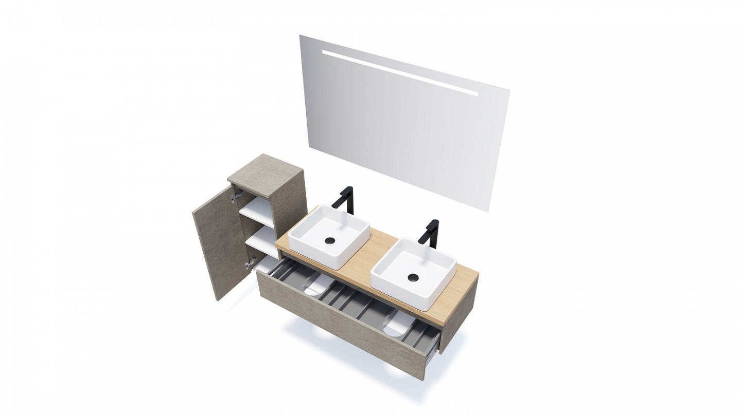 Meuble de salle de bain suspendu 2 vasques à poser 120cm 1 tiroir façon Béton + miroir + colonne ouverture gauche - Rivage