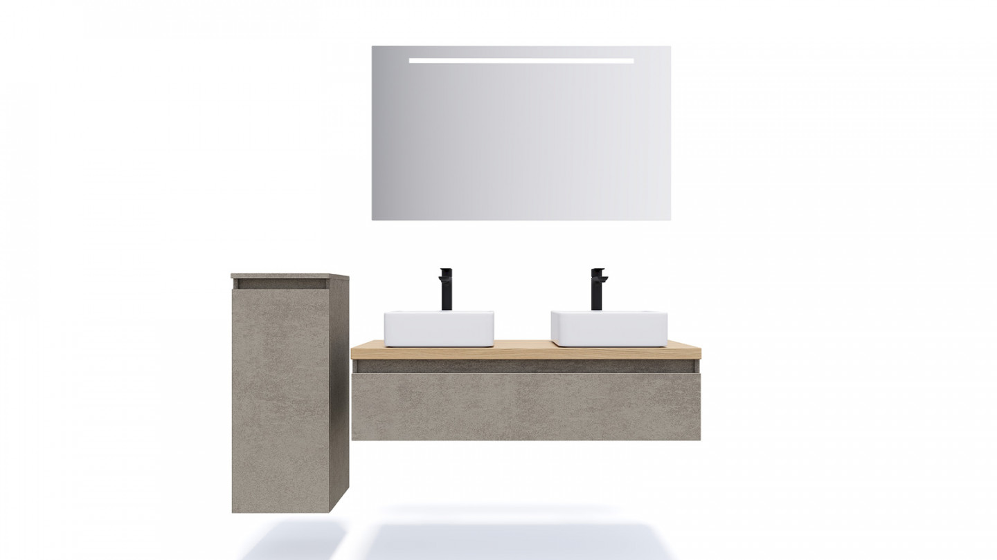 Meuble de salle de bain suspendu 2 vasques à poser 120cm 1 tiroir façon Béton + miroir + colonne ouverture gauche - Rivage
