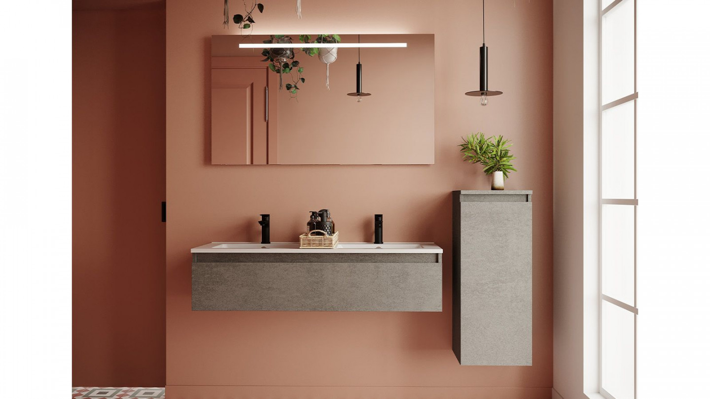 Meuble de salle de bain suspendu double vasque intégrée 120cm 1 tiroir façon Béton + miroir + colonne ouverture droite - Rivage