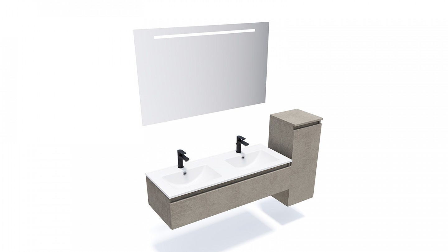 Meuble de salle de bain suspendu double vasque intégrée 120cm 1 tiroir façon Béton + miroir + colonne ouverture droite - Rivage