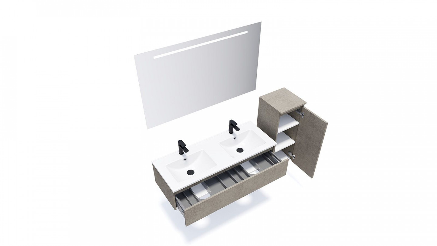 Meuble de salle de bain suspendu double vasque intégrée 120cm 1 tiroir façon Béton + miroir + colonne ouverture droite - Rivage
