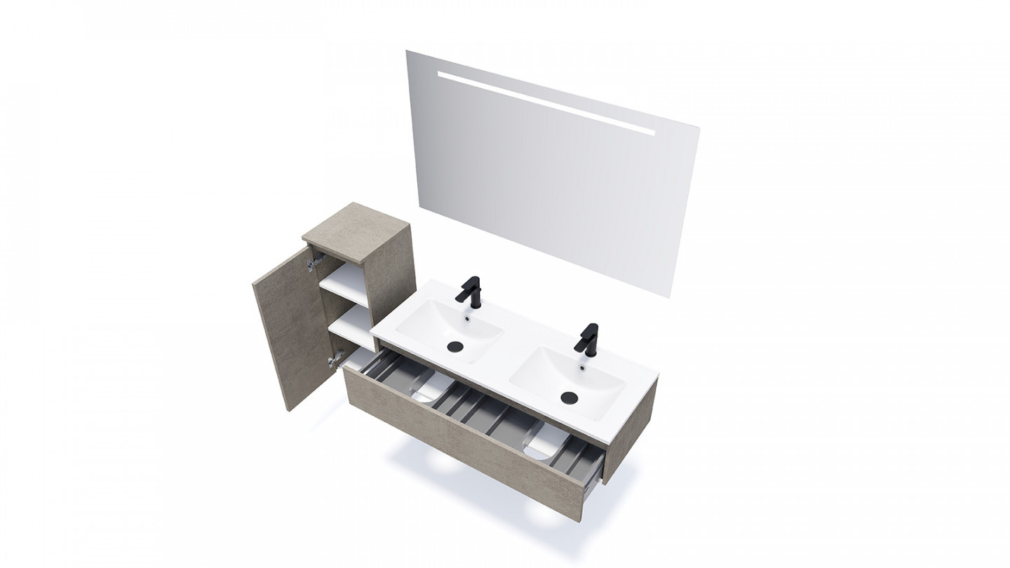 Meuble de salle de bain suspendu double vasque intégrée 120cm 1 tiroir façon Béton + miroir + colonne ouverture gauche - Rivage