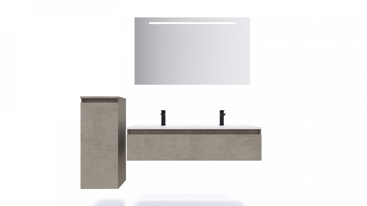 Meuble de salle de bain suspendu double vasque intégrée 120cm 1 tiroir façon Béton + miroir + colonne ouverture gauche - Rivage
