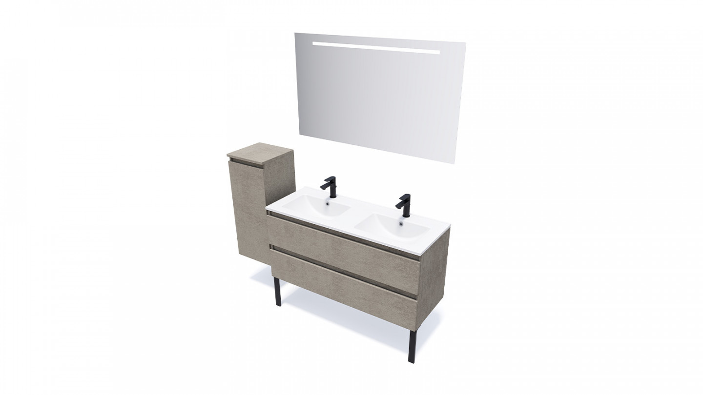 Meuble de salle de bain suspendu double vasque intégrée 120cm 2 tiroirs façon Béton + miroir - Rivage