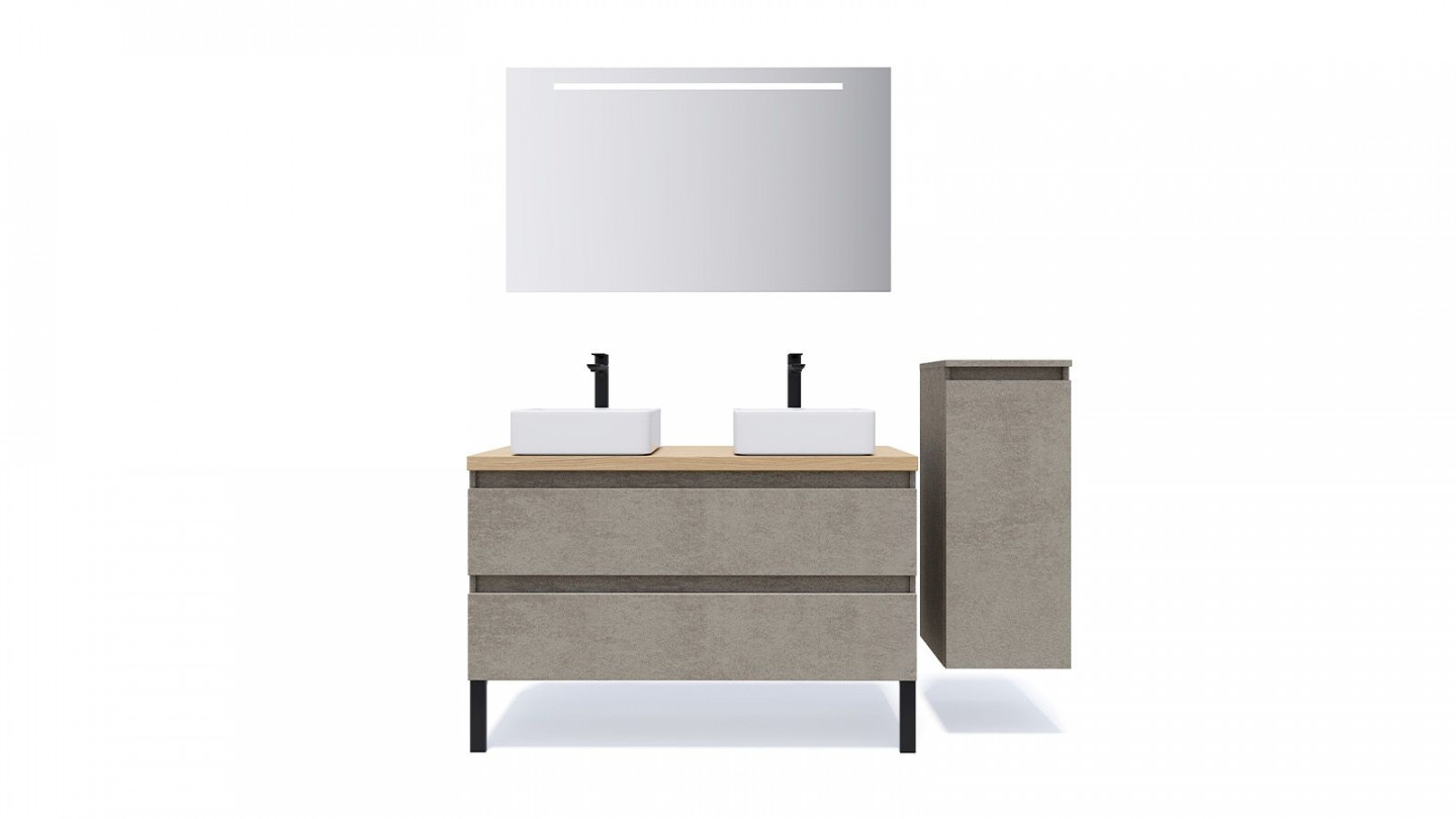 Meuble de salle de bain suspendu 2 vasques à poser 120cm 2 tiroirs façon Béton + miroir + colonne ouverture droite - Rivage