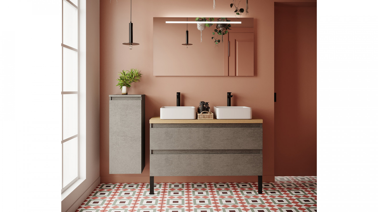 Meuble de salle de bain suspendu 2 vasques à poser 120cm 2 tiroirs façon Béton + miroir + colonne ouverture gauche - Rivage