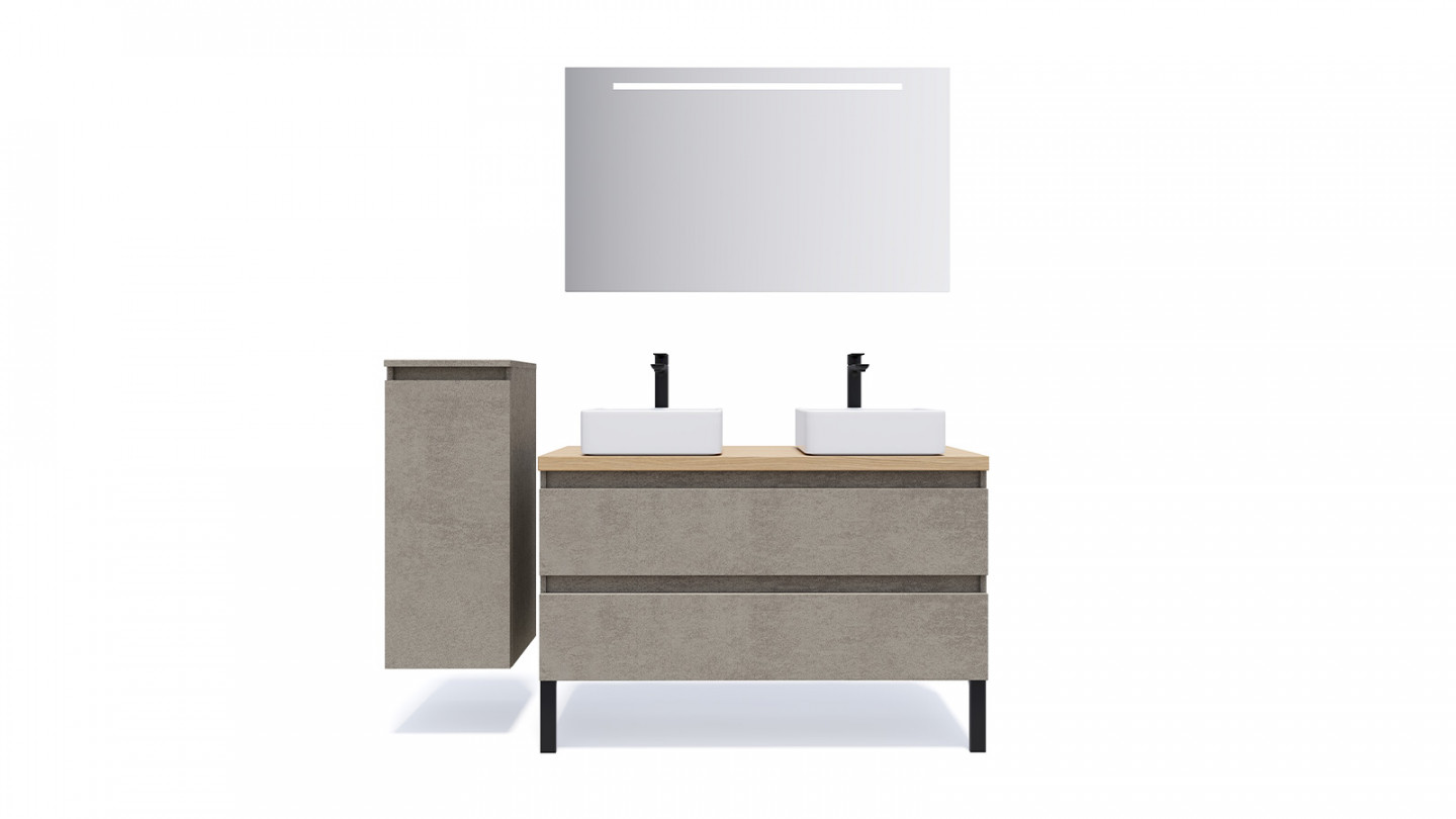 Meuble de salle de bain suspendu 2 vasques à poser 120cm 2 tiroirs façon Béton + miroir + colonne ouverture gauche - Rivage