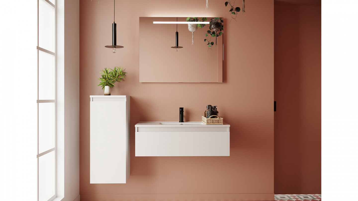 Meuble de salle de bain suspendu vasque intégrée 90cm 1 tiroir Blanc - Rivage