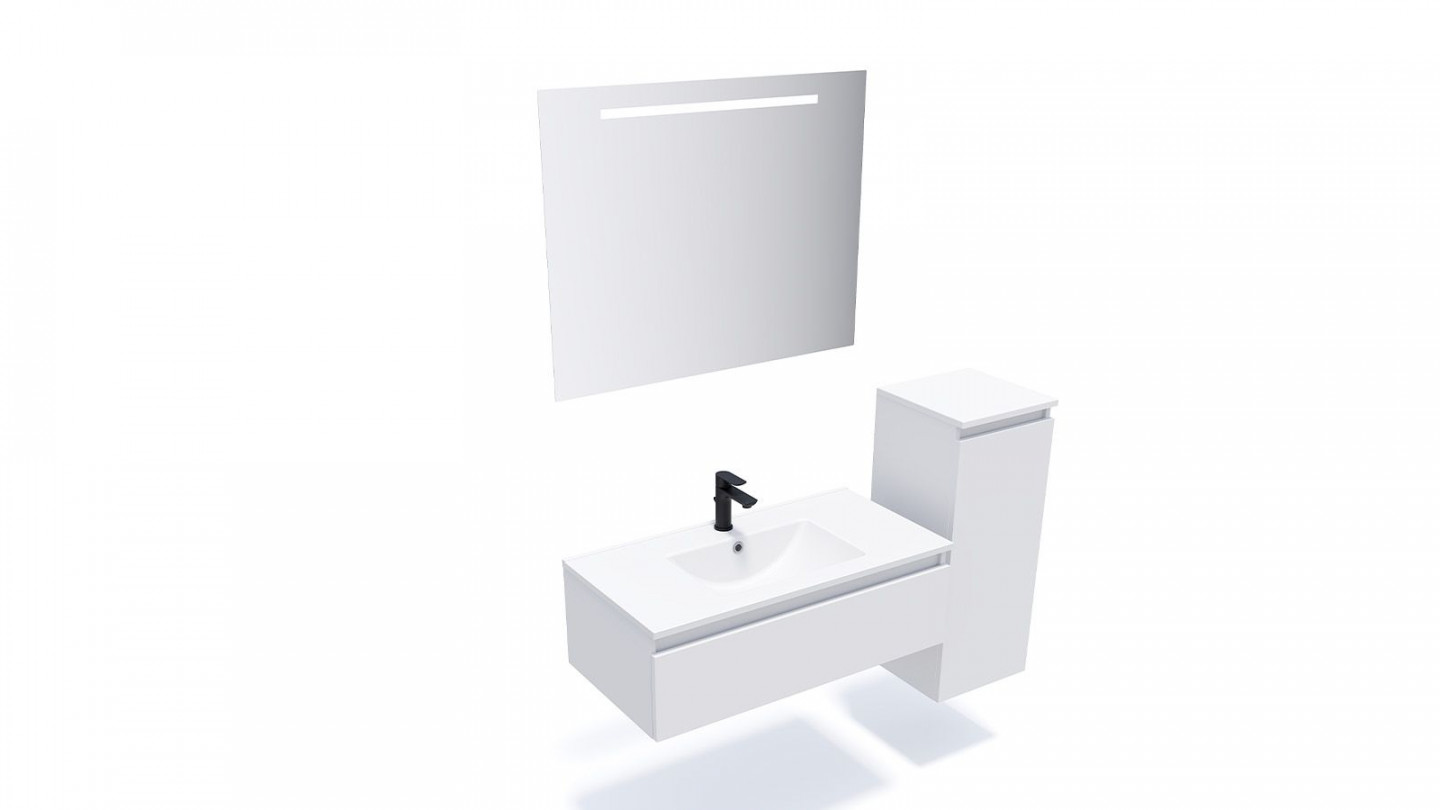 Meuble de salle de bain suspendu vasque intégrée 90cm 1 tiroir Blanc + miroir + colonne ouverture droite - Rivage