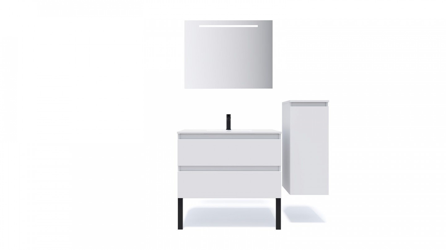 Meuble de salle de bain suspendu vasque intégrée 90cm 2 tiroirs Blanc + miroir + colonne ouverture droite - Rivage