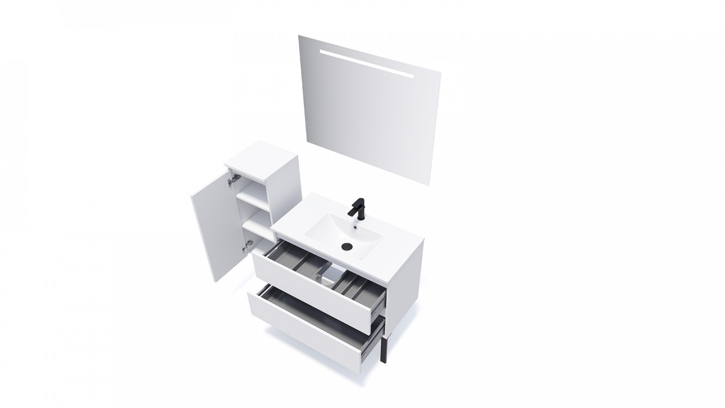 Meuble de salle de bain suspendu vasque intégrée 90cm 2 tiroirs Blanc + miroir + colonne ouverture gauche - Rivage
