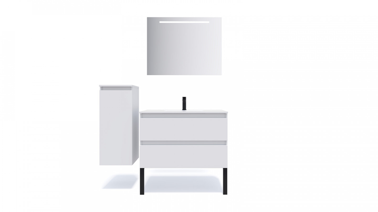 Meuble de salle de bain suspendu vasque intégrée 90cm 2 tiroirs Blanc + miroir + colonne ouverture gauche - Rivage