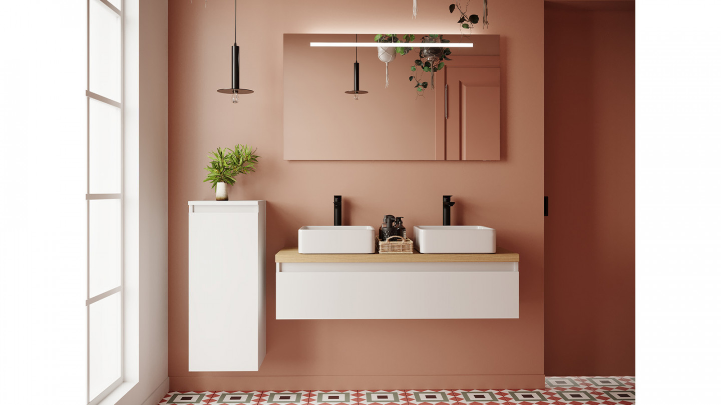 Meuble de salle de bain suspendu 2 vasques à poser 120cm 1 tiroir Blanc - Rivage