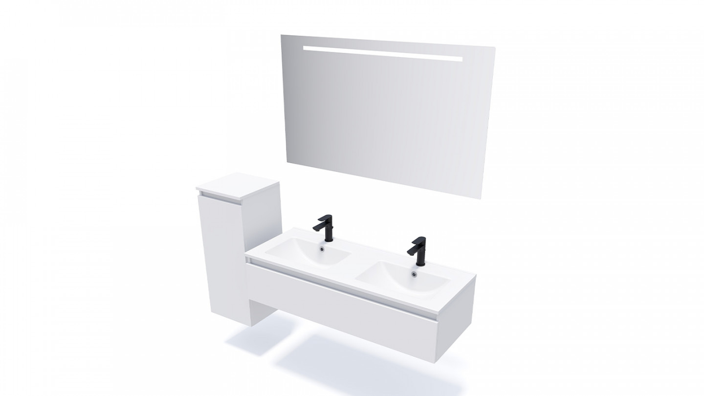 Meuble de salle de bain suspendu double vasque intégrée 120cm 1 tiroir Blanc - Rivage