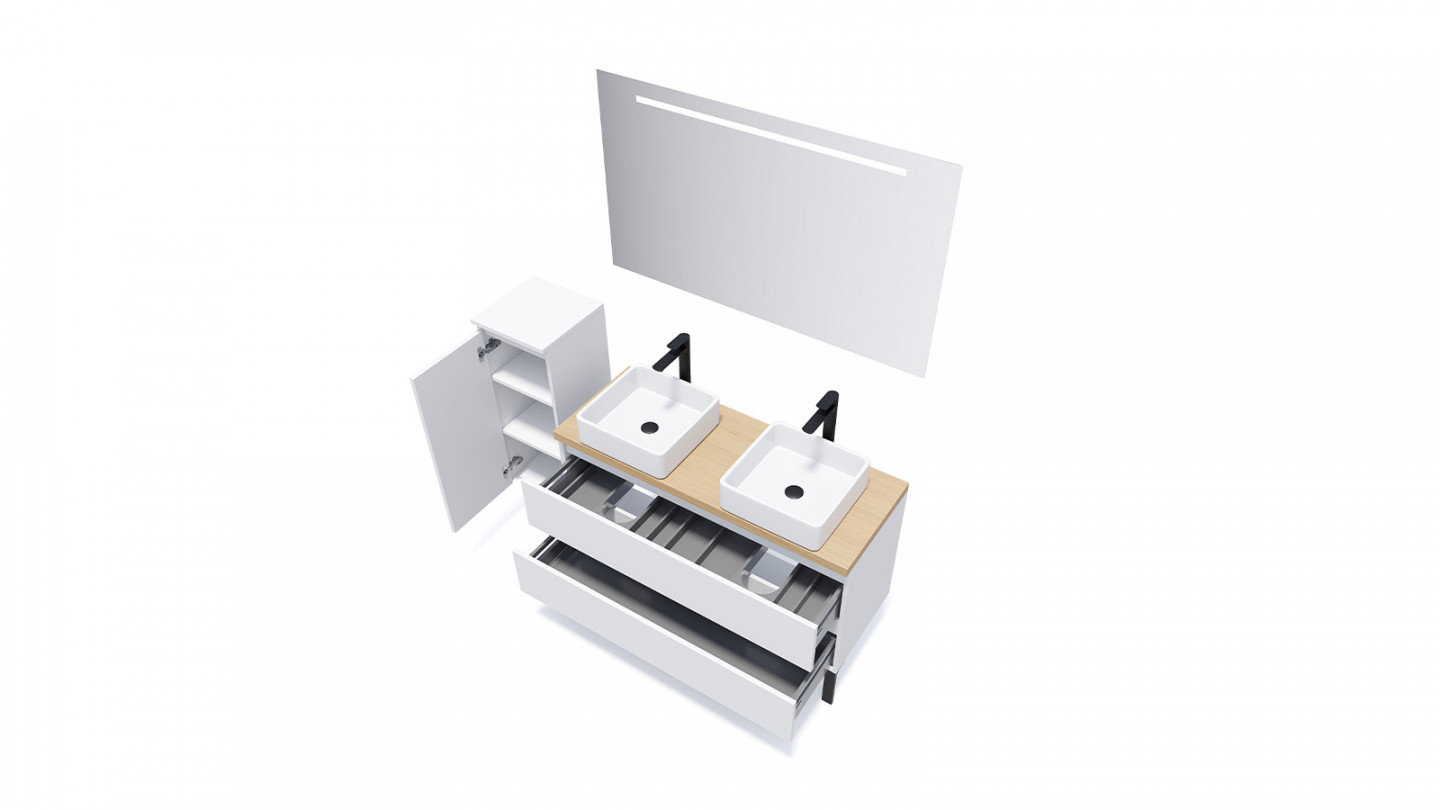 Meuble de salle de bain suspendu 2 vasques à poser 120cm 2 tiroirs Blanc - Rivage