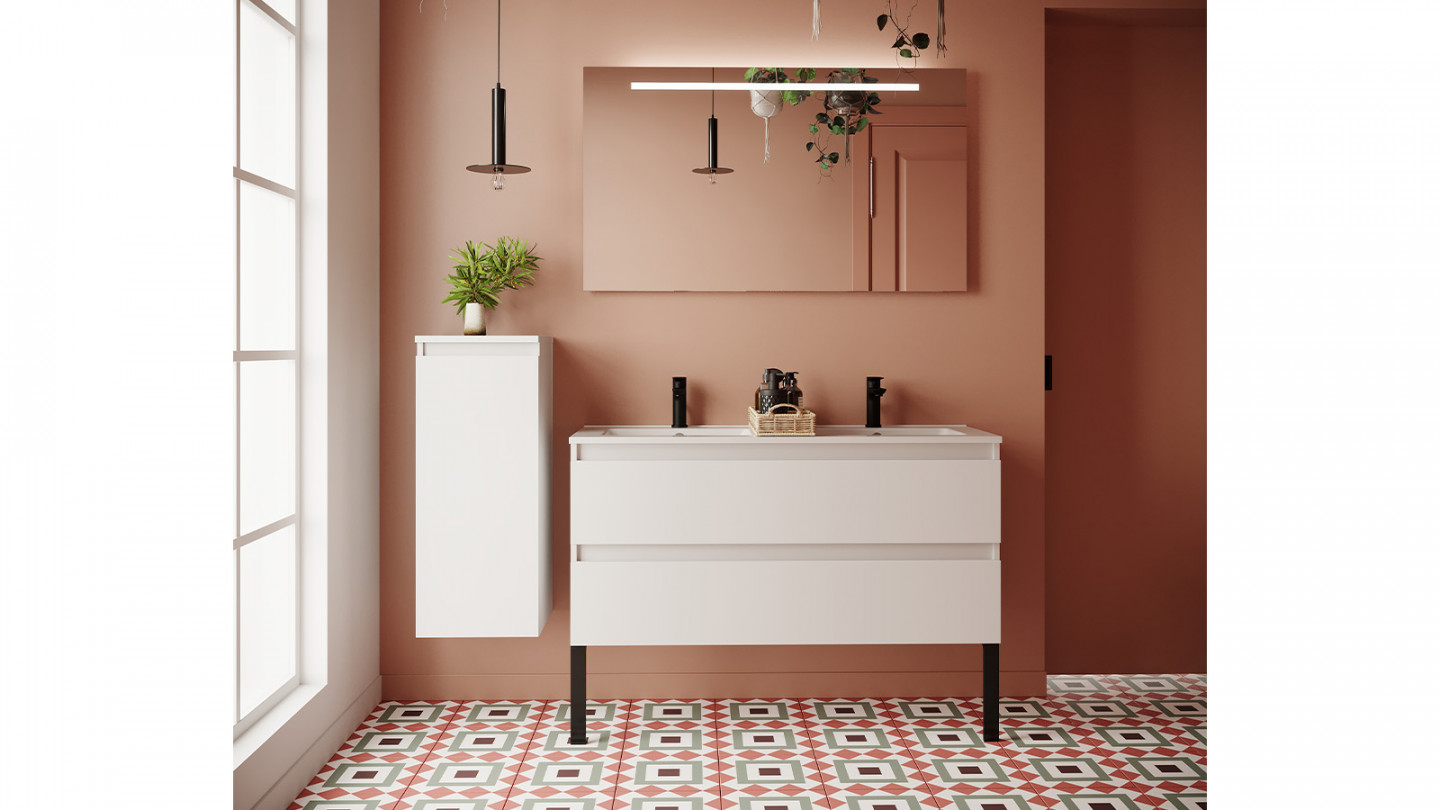 Meuble de salle de bain suspendu double vasque intégrée 120cm 2 tiroirs Blanc - Rivage