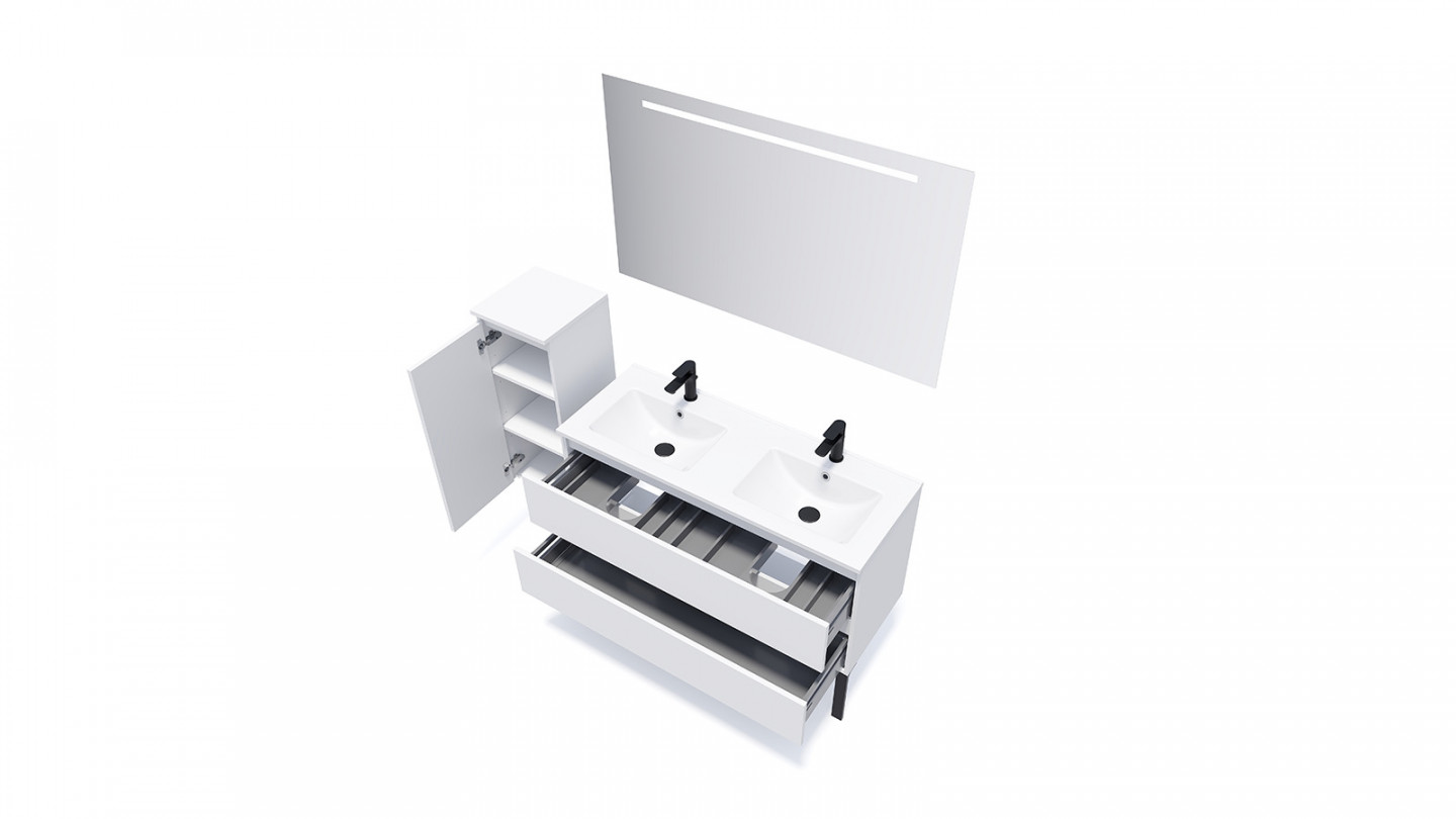 Meuble de salle de bain suspendu double vasque intégrée 120cm 2 tiroirs Blanc - Rivage