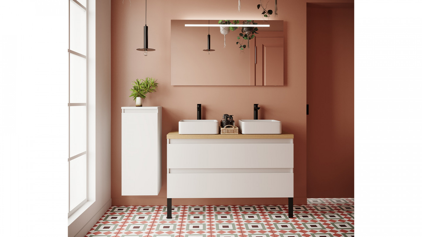Meuble de salle de bain suspendu 2 vasques à poser 120cm 2 tiroirs Blanc + miroir - Rivage