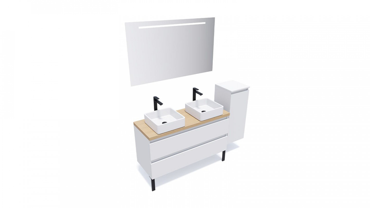 Meuble de salle de bain suspendu 2 vasques à poser 120cm 2 tiroirs Blanc + miroir + colonne ouverture droite - Rivage