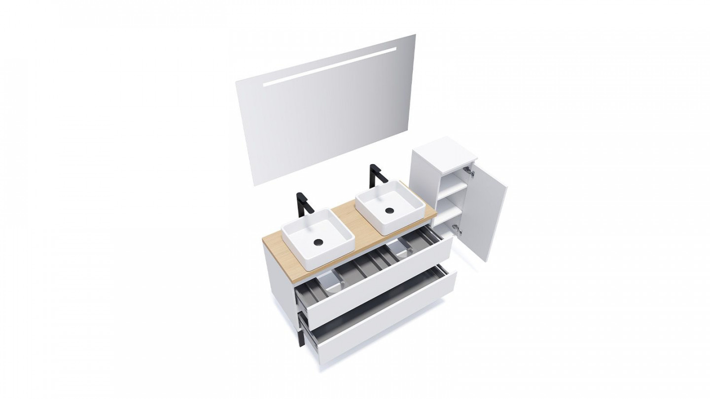 Meuble de salle de bain suspendu 2 vasques à poser 120cm 2 tiroirs Blanc + miroir + colonne ouverture droite - Rivage