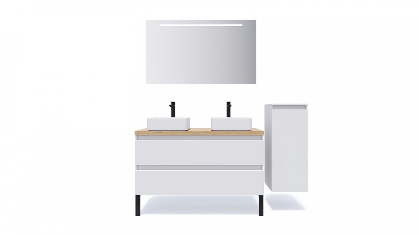 Meuble de salle de bain suspendu 2 vasques à poser 120cm 2 tiroirs Blanc + miroir + colonne ouverture droite - Rivage