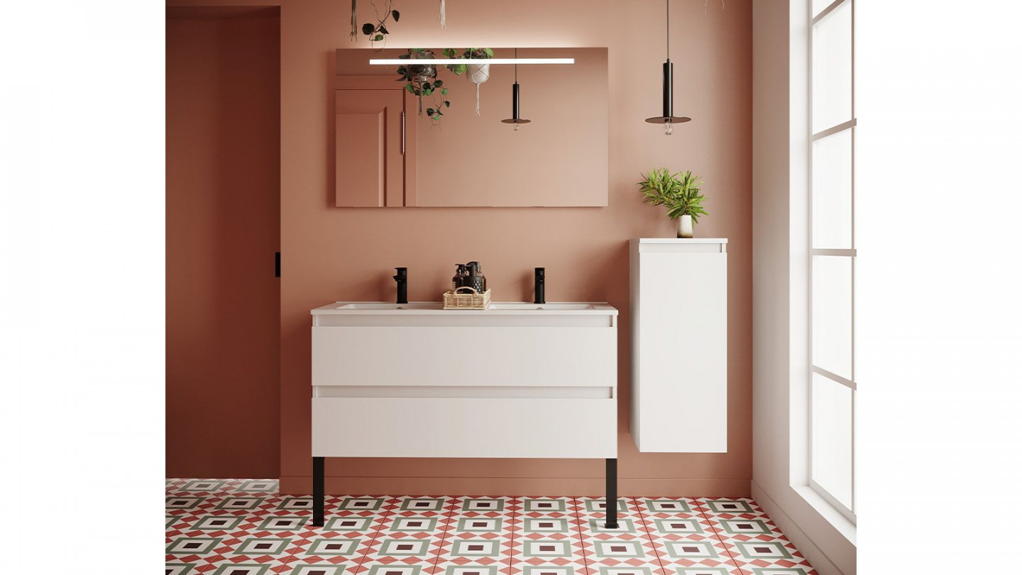 Meuble de salle de bain suspendu double vasque intégrée 120cm 2 tiroirs Blanc + miroir + colonne ouverture droite - Rivage